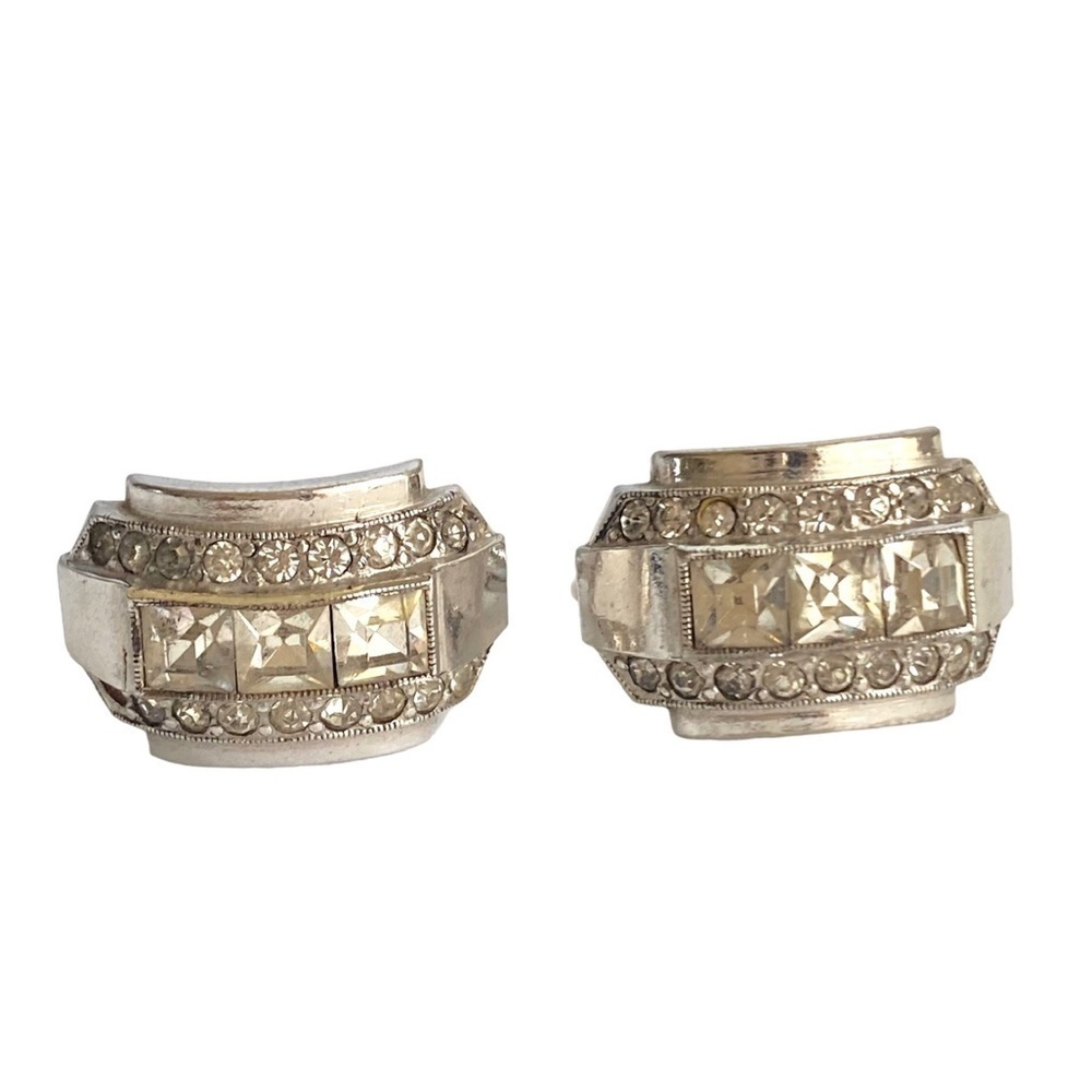 Vintage 50s Art Deco Rhinestone Earrings Sterling Silver Screw Back Princess Cut